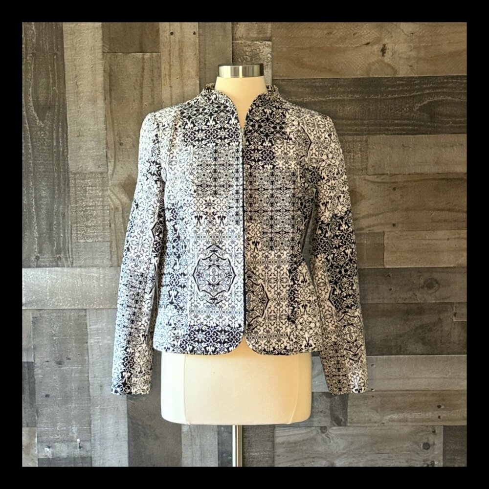 Molly and Maxx zip up black white blazer medium fleur de lis floral vintage 90s